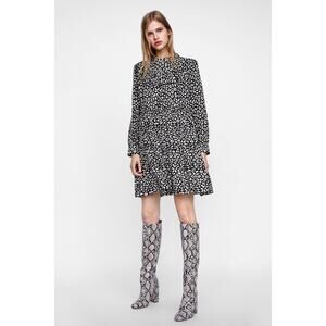 ZARA Black Cream Leopard Animal Print Long Sleeve Ruffle Mini A-line Dress XS